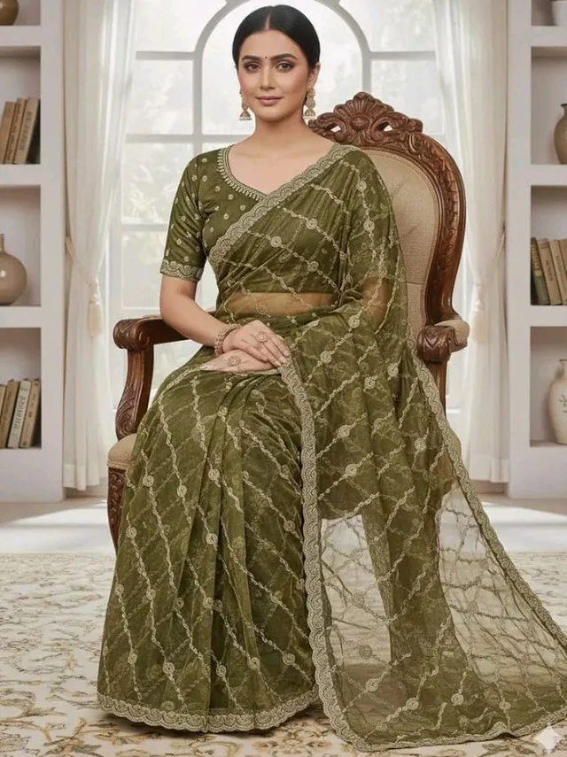 Women's Olive Green Net Saree with Gold Embroidery, Scalloped Border, Blouse Piece (Mehandi)