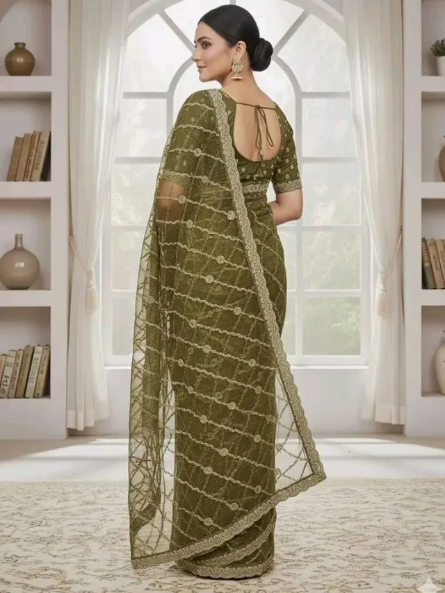 Women's Olive Green Net Saree with Gold Embroidery, Scalloped Border, Blouse Piece (Mehandi)