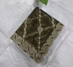 Women's Olive Green Net Saree with Gold Embroidery, Scalloped Border, Blouse Piece (Mehandi)
