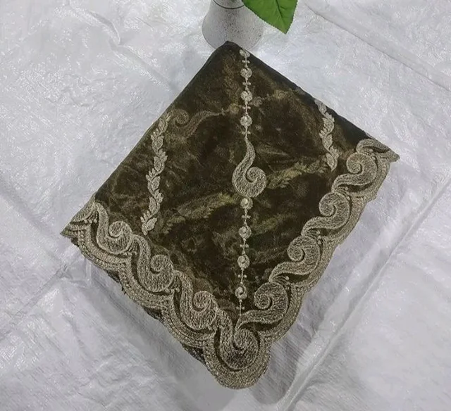 Women's Olive Green Net Saree with Gold Embroidery, Scalloped Border, Blouse Piece (Mehandi)