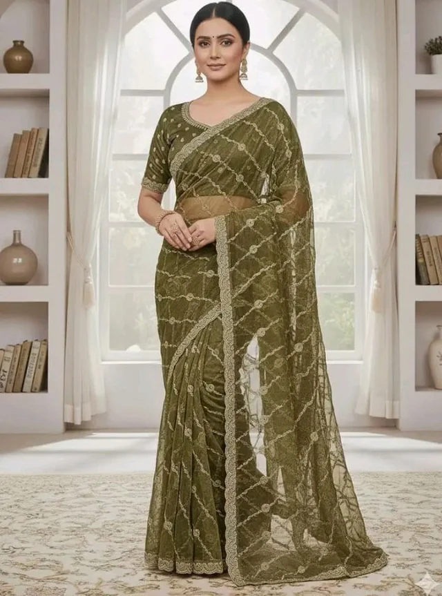 Women's Olive Green Net Saree with Gold Embroidery, Scalloped Border, Blouse Piece (Mehandi)
