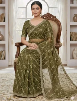 Women's Olive Green Net Saree with Gold Embroidery, Scalloped Border, Blouse Piece (Mehandi)