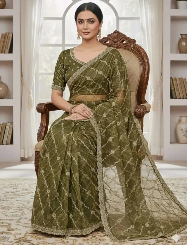 Women's Olive Green Net Saree with Gold Embroidery, Scalloped Border, Blouse Piece (Mehandi)