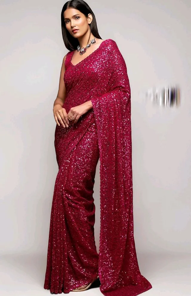 TRENDMALLS Women's Georgette Heavy Sequins Work Heavy Saree with Blouse (Latest-Sequins-Party-Saree)