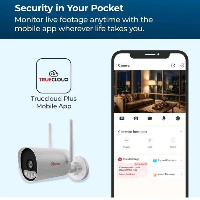 Trueview 3MP Smart WiFi Bullet Security Camera | All Time Color Night Vision | IP66 Waterproof | Human Detection | Two Way Audio | 256GB Memory Card Support | Alexa Compatible | STQC Approved T18295S
