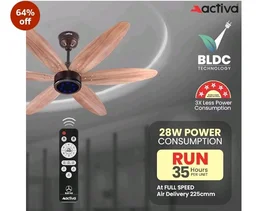 ACTIVA JETTA 1200MM BLDC Ceiling Fan with 28W, 6 Wooden-Finish Blades, 7 LED Lights, Remote, Noiseless, BEE 5-Star Rated, Energy Efficient, 5 Years Warranty (Rose Wood)