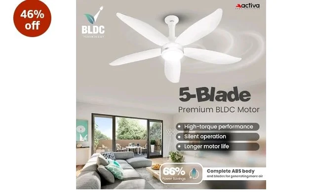 ACTIVA Aero Five Light 1200mm BLDC Ceiling Fan | 28W | 5 Blade | 5 Star Energy Saving | High Speed | Remote, Timer, Reversible | ABS Body | Pearl White | Pack of 1