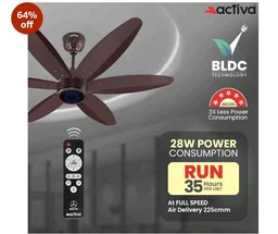 ACTIVA JETTA 1200mm BLDC Ceiling Fan with Remote | 28W BEE 5 Star Energy Saving Fan | 6 Wooden Finish Blades, 7 LED Lights | Noiseless | Rusty Brown | 5 Year Warranty