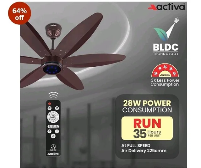 ACTIVA JETTA 1200mm BLDC Ceiling Fan with Remote | 28W BEE 5 Star Energy Saving Fan | 6 Wooden Finish Blades, 7 LED Lights | Noiseless | Rusty Brown | 5 Year Warranty