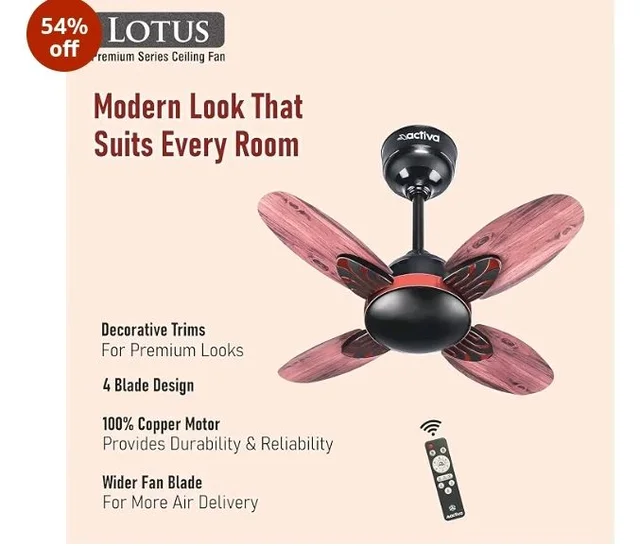 ACTIVA Lotus 600mm BLDC Ceiling Fan with Remote | BEE 5 Star Rated | 28W Energy Saving Motor | 850 RPM High Speed | 4 Blade Silent Fan | Reversible Mode & Timer | Smoke Wood Finish | 5 Year Warranty