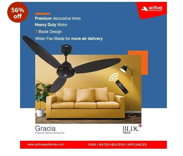 ACTIVA Gracia BLDC Ceiling Fan 1200mm | LED Light Ceiling Fan with Remote Control | 5 Star Rated Energy Efficient Fan | 28W High Speed Motor | Silent 3 Blade Design | Smoke Brown | 5 Year Warranty
