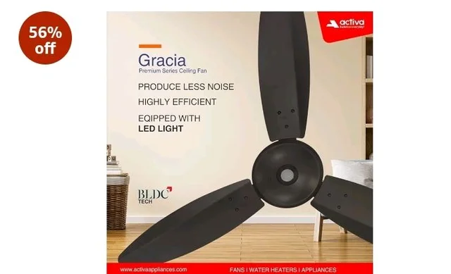 ACTIVA Gracia 1200mm Ceiling Fan, 3 Wider Blade, BLDC 28 Watt Motor Fan with LED Light, Energy Saving, Full Remote Control, Reversible Mode and Timer, 5 Years Warranty - Smoke Brown