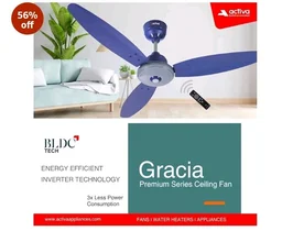 ACTIVA Gracia 1200mm BLDC Ceiling Fan with LED Light, 28W Energy Saving BEE 5 Star Rated Motor, 3 Wider Blades, Full Remote Control, Silent Operation come with 5 Year Warranty (Sparkle Blue)