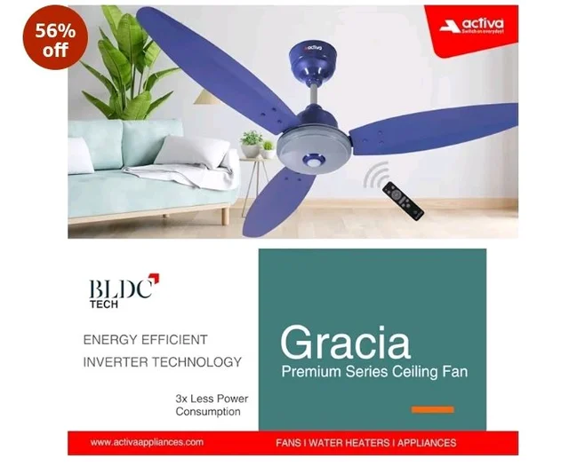 ACTIVA Gracia 1200mm BLDC Ceiling Fan with LED Light, 28W Energy Saving BEE 5 Star Rated Motor, 3 Wider Blades, Full Remote Control, Silent Operation come with 5 Year Warranty (Sparkle Blue)