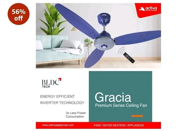 ACTIVA Gracia 1200mm Ceiling Fan with LED Light | 5 Star Energy Saving BLDC Motor | Remote Control, Reversible Mode & Timer | 3 Blade High Speed Ceiling Fan | 4 Year Warranty | Sparkle Blue