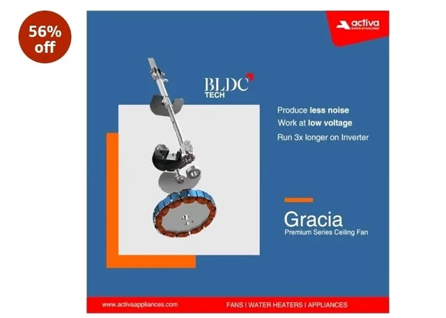 ACTIVA Gracia 1200mm Ceiling Fan with LED Light | 5 Star Energy Saving BLDC Motor | Remote Control, Reversible Mode & Timer | 3 Blade High Speed Ceiling Fan | 4 Year Warranty | Sparkle Blue