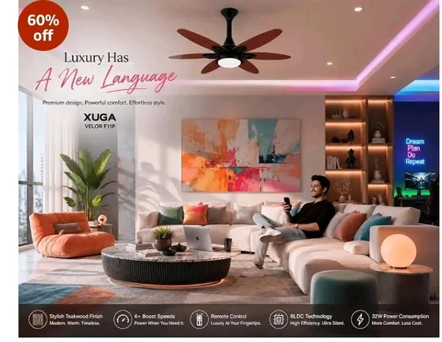 XUGA Velor F11P 1200mm Premium BLDC Ceiling Fan with Remote Control | Energy Saving Silent Copper Motor | 340 CMM High Air Delivery, 5 Years Warranty (Oakwood Finish)
60%
off