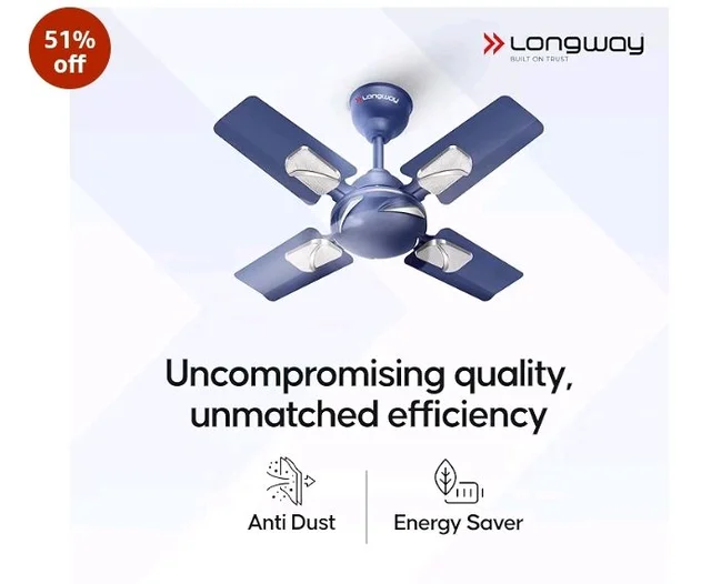 LONGWAY Creta P1 600 mm/24 inch Ultra High Speed 4 Blade Anti-Dust Decorative Star Rated Ceiling Fan 2 Years Warranty (Silver Blue, Pack of 1)