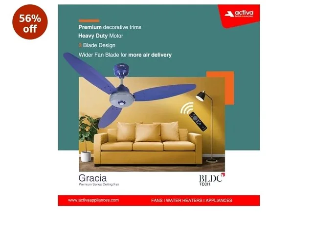 ACTIVA Gracia 1200mm Ceiling Fan with LED Light | 5 Star Energy Saving BLDC Motor | Remote Control, Reversible Mode & Timer | 3 Blade High Speed Ceiling Fan | 4 Year Warranty | Sparkle Blue