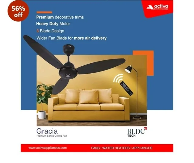 ACTIVA Gracia 1200MM (28 Watts) BLDC Motor Ceiling Fan With LED Light | Remote | 3 Blade Energy Saving BEE 5 Star Rated Fan | Noiseless Operation | 3 Year Warranty (Smoke Brown)