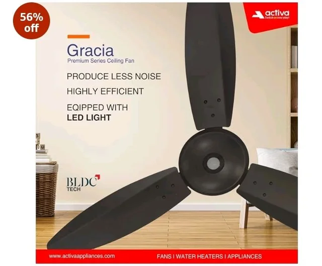 ACTIVA Gracia BLDC Ceiling Fan 1200mm | LED Light Ceiling Fan with Remote Control | 5 Star Rated Energy Efficient Fan | 28W High Speed Motor | Silent 3 Blade Design | Smoke Brown | 5 Year Warranty