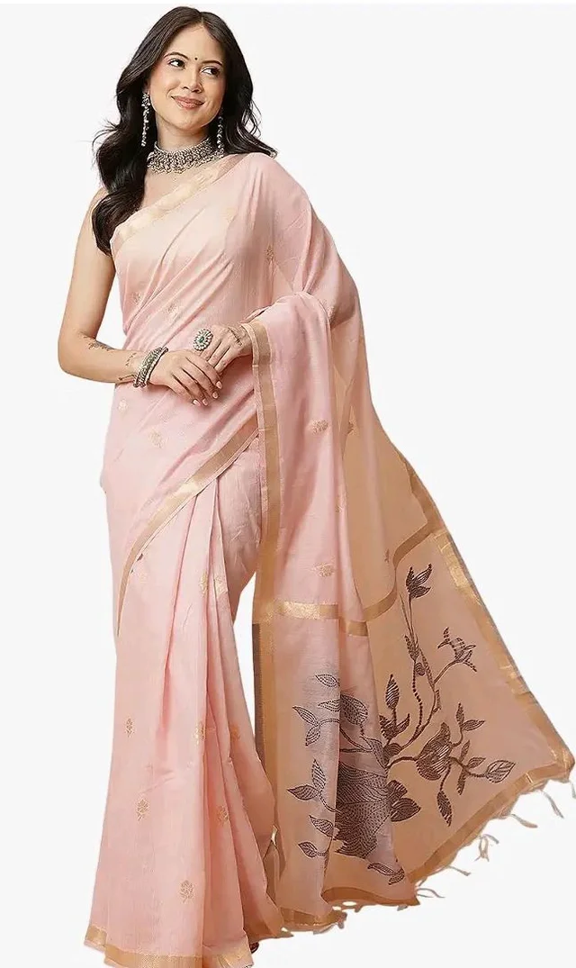 Anarva Light Peach Color Jamdani Ready to Wear Saree With Zari Border & Tassels
