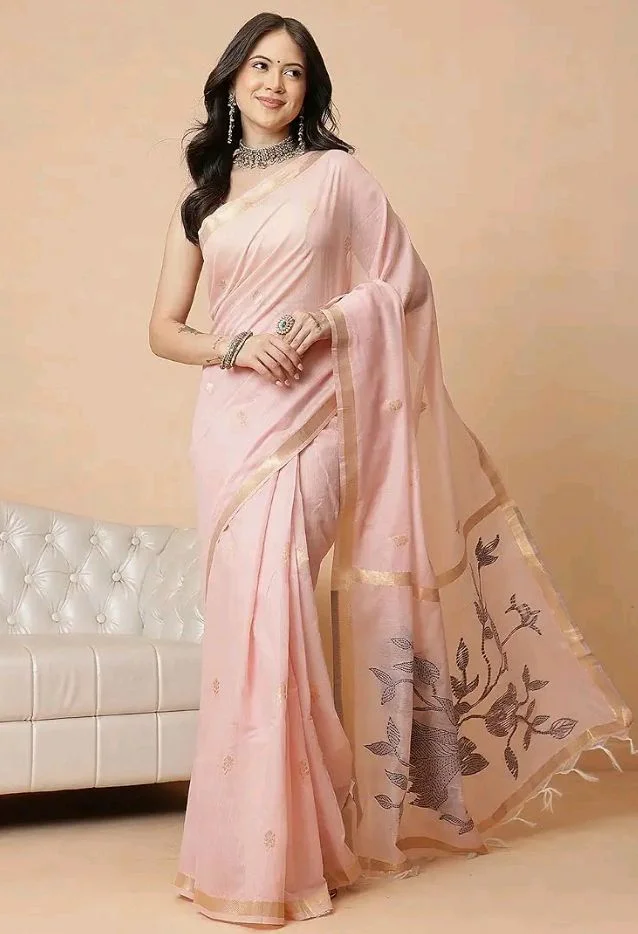 Anarva Light Peach Color Jamdani Ready to Wear Saree With Zari Border & Tassels