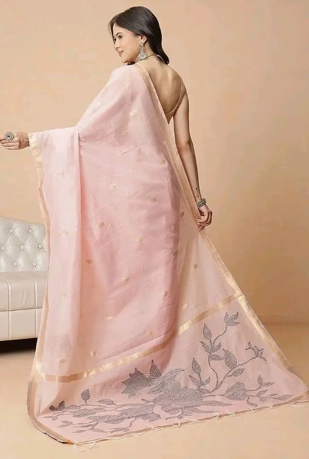 Anarva Light Peach Color Jamdani Ready to Wear Saree With Zari Border & Tassels