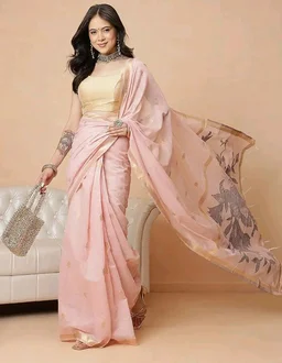 Anarva Light Peach Color Jamdani Ready to Wear Saree With Zari Border & Tassels