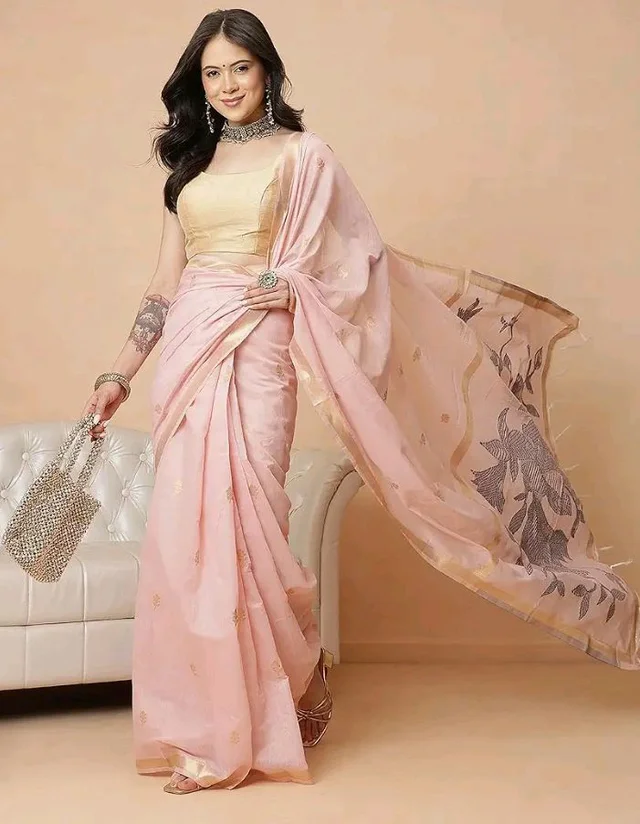 Anarva Light Peach Color Jamdani Ready to Wear Saree With Zari Border & Tassels