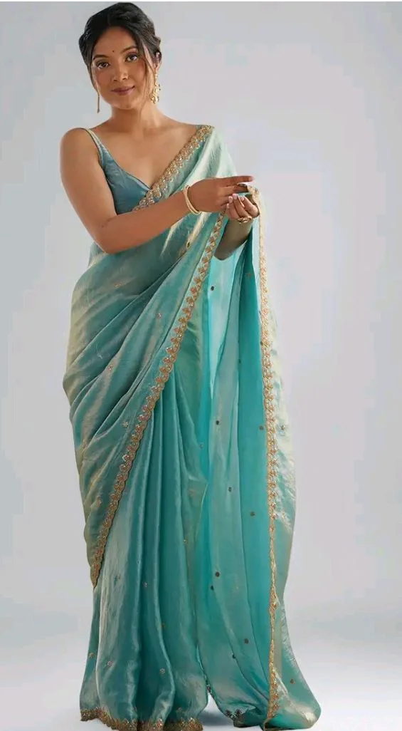 AKHILAM Women's Shimmer Tissue Embroidered Saree With Unstitched Blouse Piece