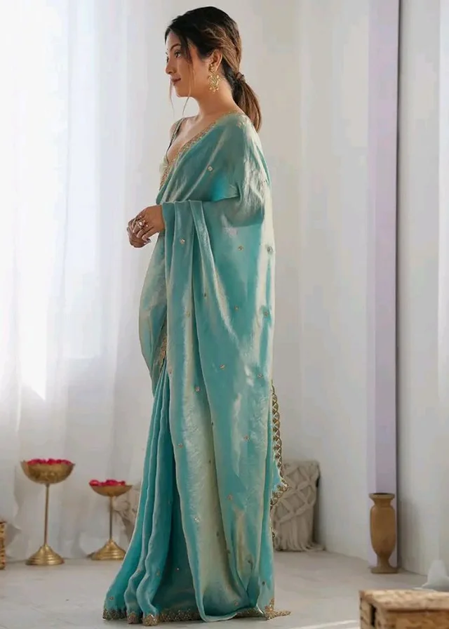 AKHILAM Women's Shimmer Tissue Embroidered Saree With Unstitched Blouse Piece