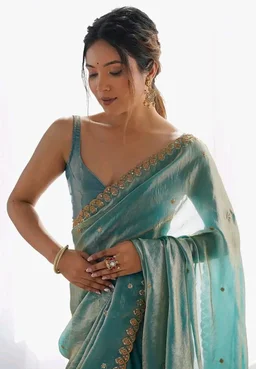 AKHILAM Women's Shimmer Tissue Embroidered Saree With Unstitched Blouse Piece