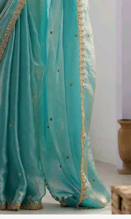 AKHILAM Women's Shimmer Tissue Embroidered Saree With Unstitched Blouse Piece