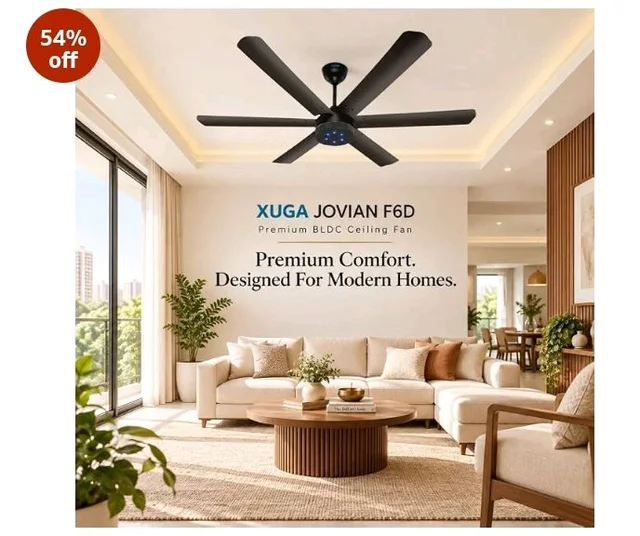 XUGA Jovian F6D Premium Smart 1200mm, BEE 5-star BLDC fan,6 Blade,Remote Ceiling fan for Home, 100% Copper Motor,Energy Saving, High Air Delivery, Aesthetic LED Light (Black)(5 Year Warranty)