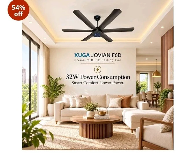 XUGA Jovian F6D Premium Smart 1200mm, BEE 5-star BLDC fan,6 Blade,Remote Ceiling fan for Home, 100% Copper Motor,Energy Saving, High Air Delivery, Aesthetic LED Light (Black)(5 Year Warranty)