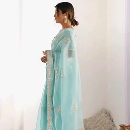 SIRIL Women's Organza Sequins Embroidery Scollped Border Saree With Unstitched Blouse Piece