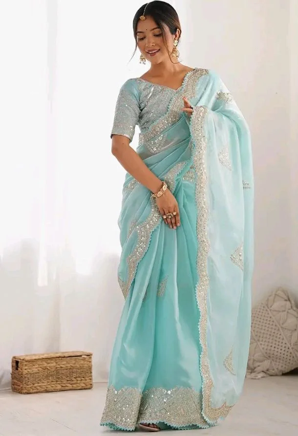 SIRIL Women's Organza Sequins Embroidery Scollped Border Saree With Unstitched Blouse Piece