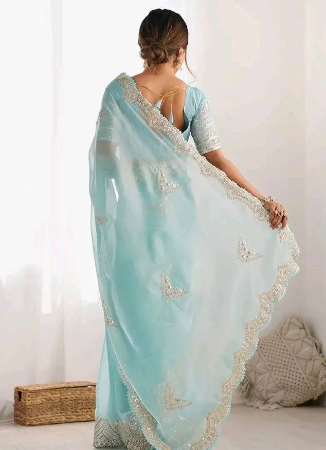 SIRIL Women's Organza Sequins Embroidery Scollped Border Saree With Unstitched Blouse Piece