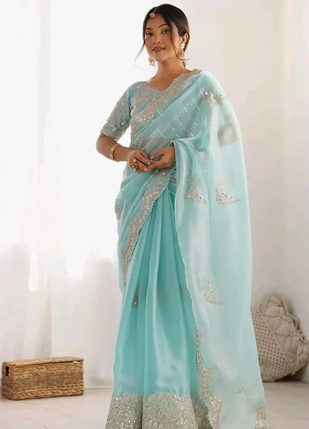 SIRIL Women's Organza Sequins Embroidery Scollped Border Saree With Unstitched Blouse Piece