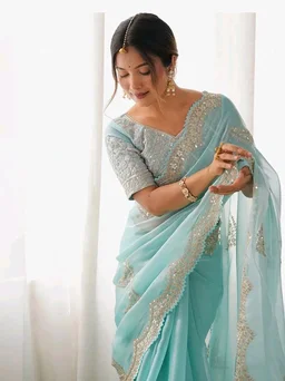 SIRIL Women's Organza Sequins Embroidery Scollped Border Saree With Unstitched Blouse Piece