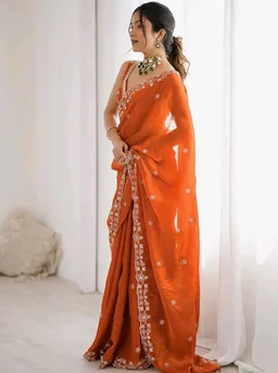 Satrani Women's Tissue Silk Scalloped Border Sequins Embroidery Saree with Unstitched Blouse Piece