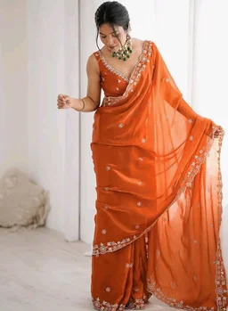 Satrani Women's Tissue Silk Scalloped Border Sequins Embroidery Saree with Unstitched Blouse Piece