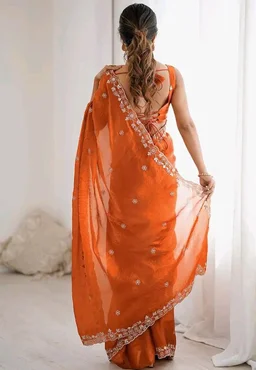 Satrani Women's Tissue Silk Scalloped Border Sequins Embroidery Saree with Unstitched Blouse Piece
