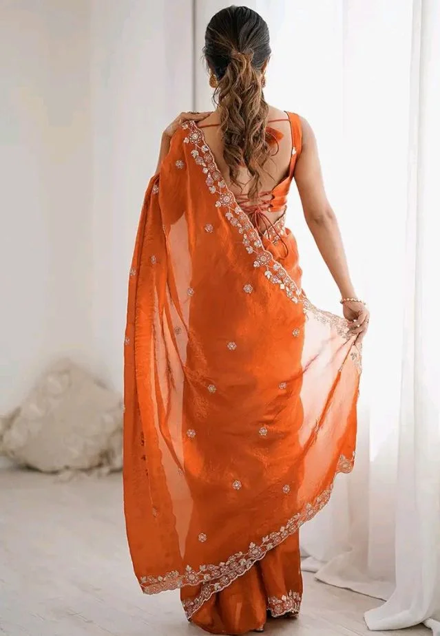 Satrani Women's Tissue Silk Scalloped Border Sequins Embroidery Saree with Unstitched Blouse Piece