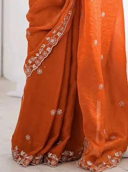 Satrani Women's Tissue Silk Scalloped Border Sequins Embroidery Saree with Unstitched Blouse Piece