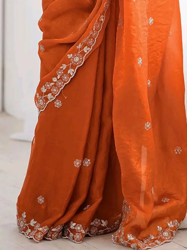 Satrani Women's Tissue Silk Scalloped Border Sequins Embroidery Saree with Unstitched Blouse Piece