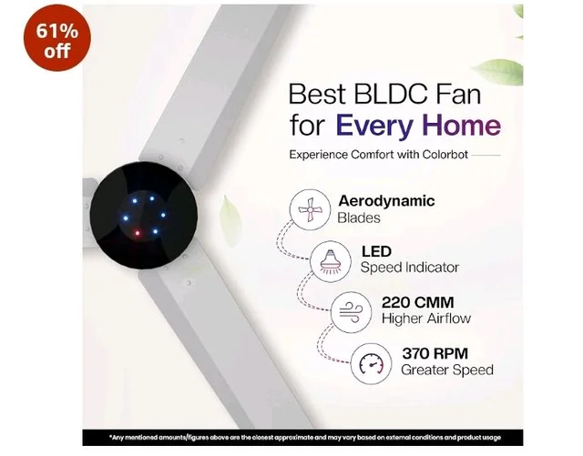 Colorbot Helix BLDC Ceiling Fans 1200mm | BEE 5 Star Rated Power Saver | AeroQuiet+ Technology | 370 RPM | Remote Control (Boost, Timer, LED, Reverse Mode) | 4 Years Warranty (Noir White)
