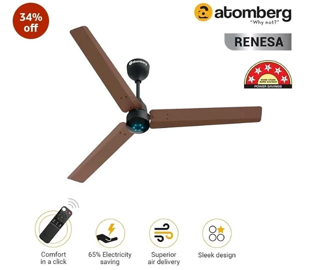 atomberg Renesa 1200mm BLDC Ceiling Fan with Remote Control | BEE 5 star Rated Energy Efficient Ceiling Fan | High Air Delivery with LED Indicators | 3 Year Warranty (Brown & Black)