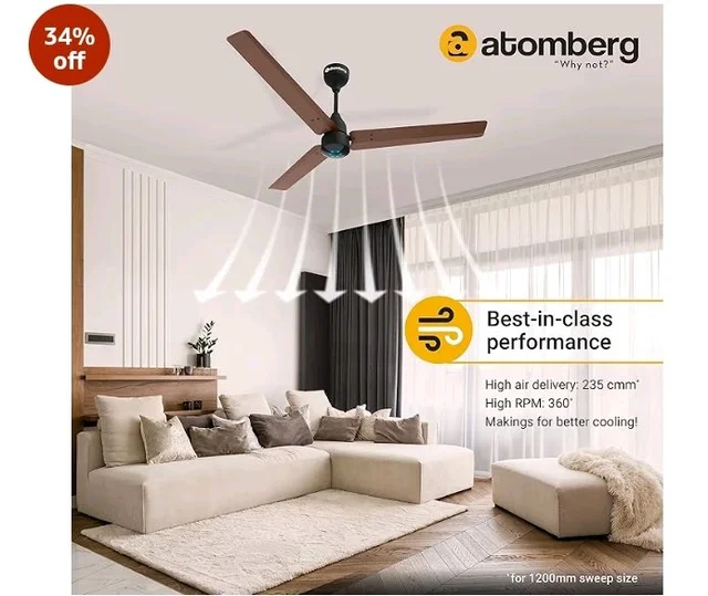 atomberg Renesa 1200mm BLDC Ceiling Fan with Remote Control | BEE 5 star Rated Energy Efficient Ceiling Fan | High Air Delivery with LED Indicators | 3 Year Warranty (Brown & Black)